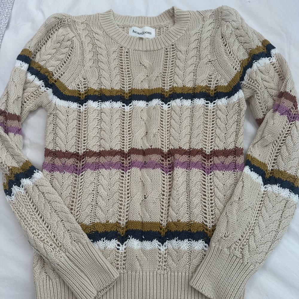 Heartloom Beige Cable Knit Sweater with Stripes